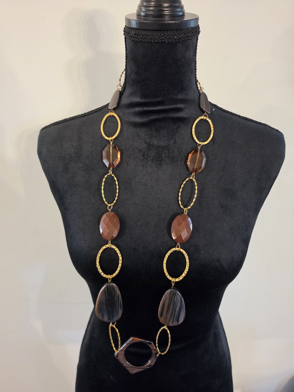 Long Brown Resin & Gold-Link Fashion Necklace